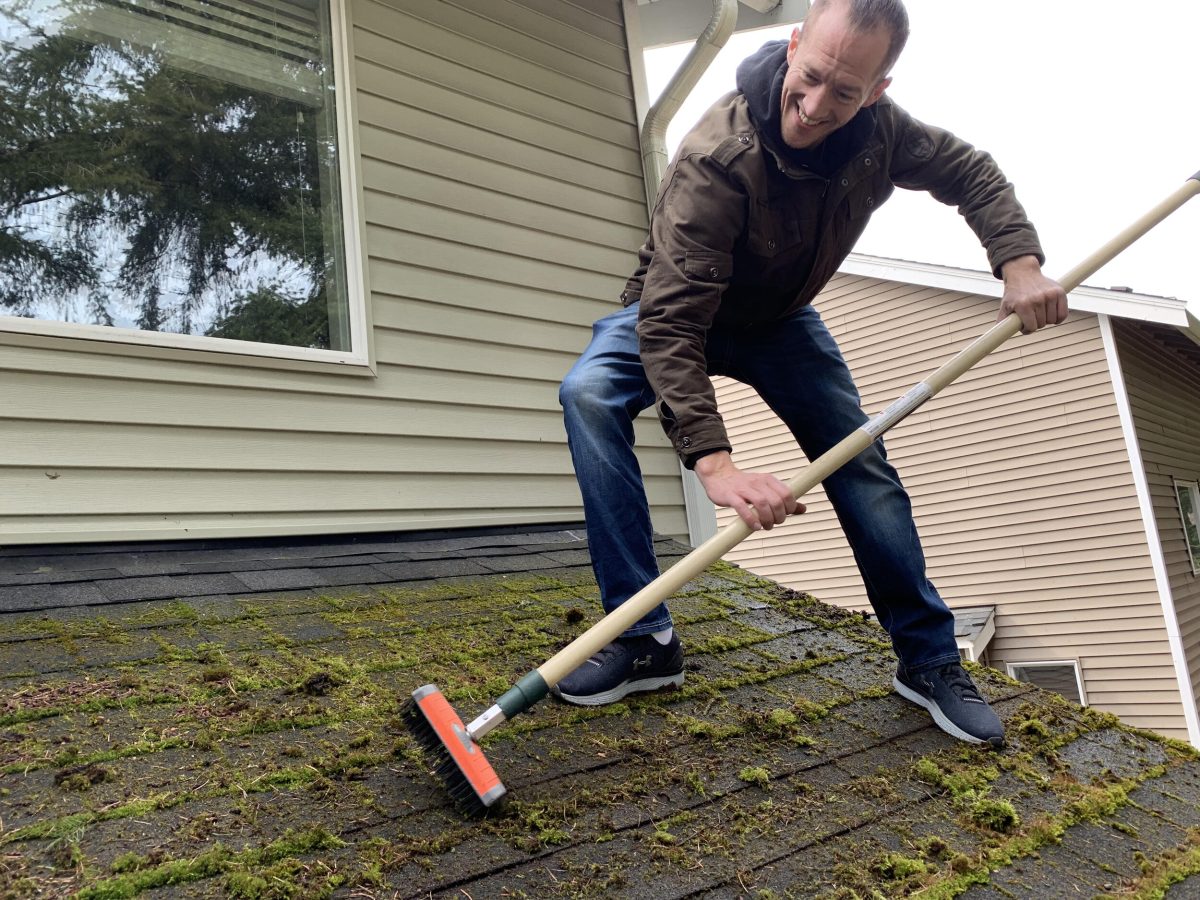 Removing moss with a brush and broom