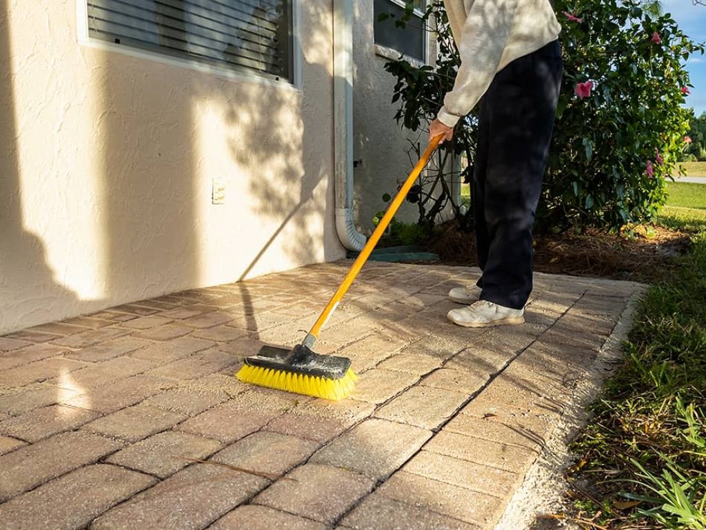 Before using cleaners, sweep the coarse dirt off the stones.