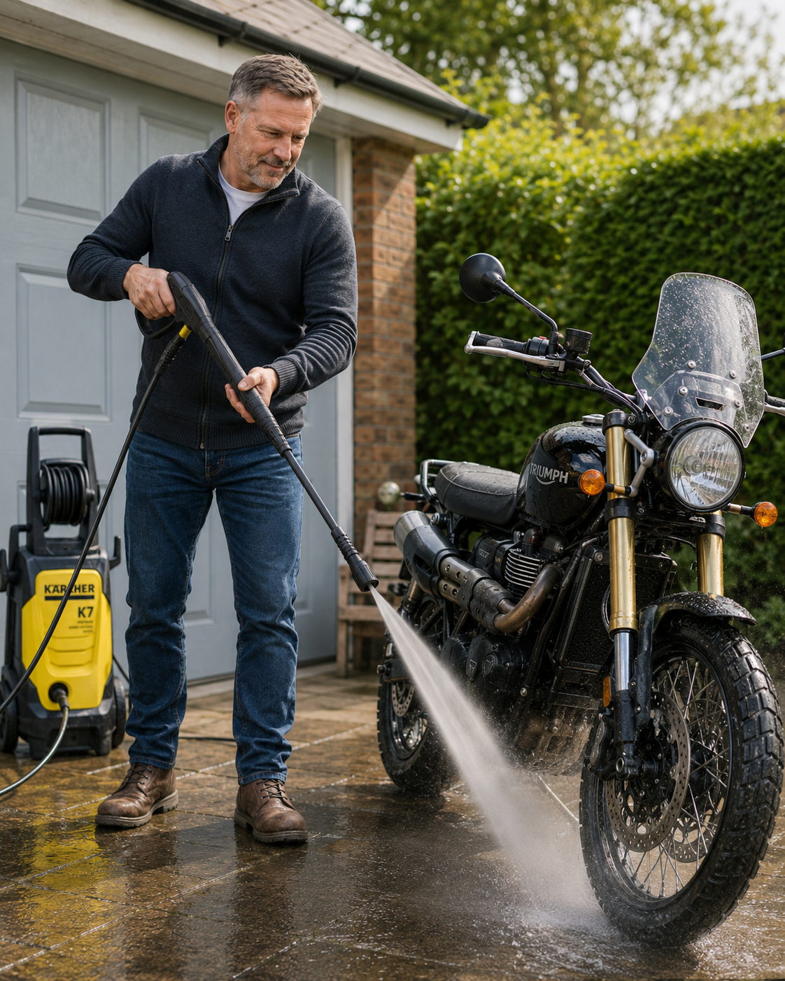Alfred Harper washing a motorcycle with a pressure washer