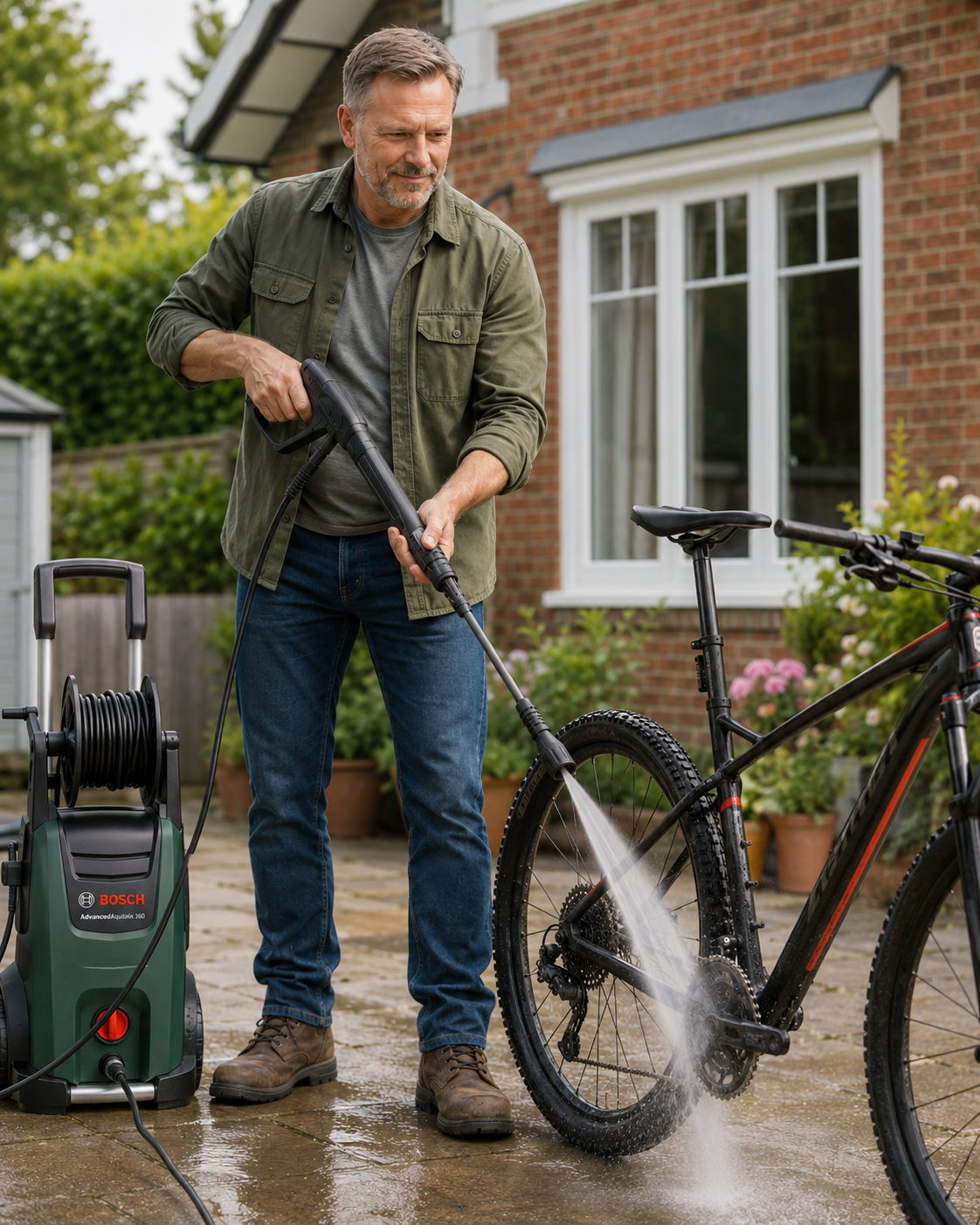 Alfred Harper washing a bicycle with a pressure washer