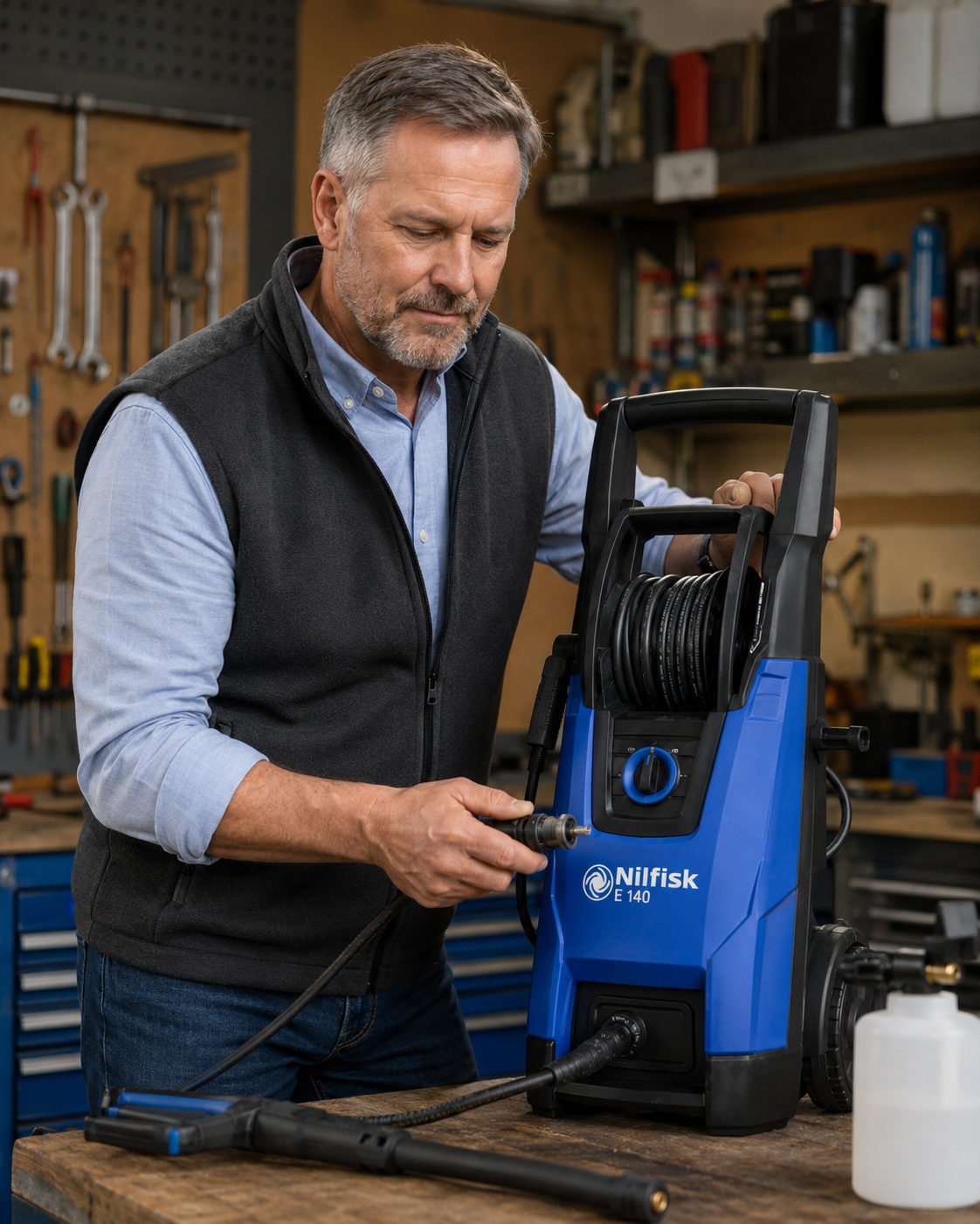 Alfred Harper inspecting a pressure washer
