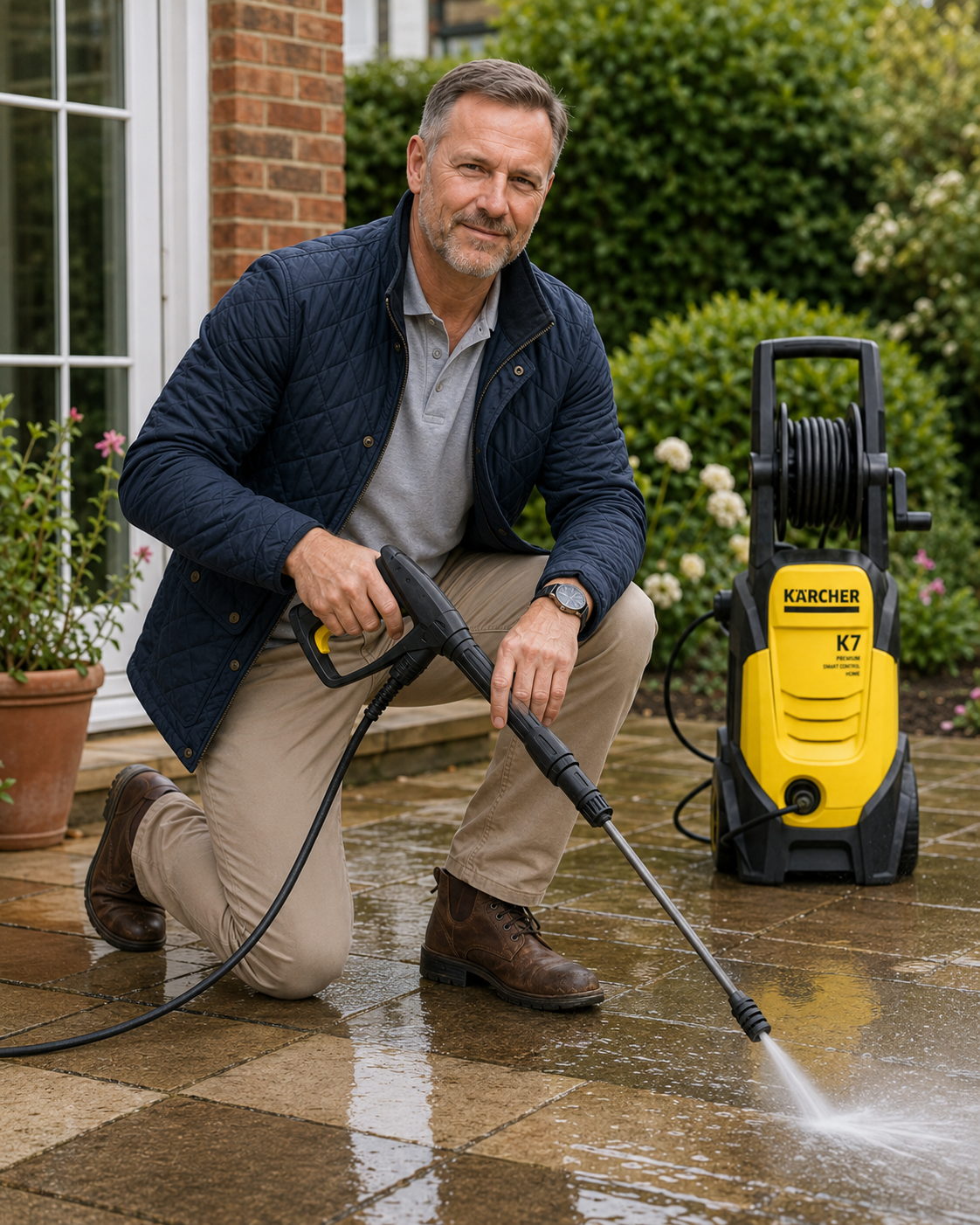 Alfred Harper testing a pressure washer on a patio