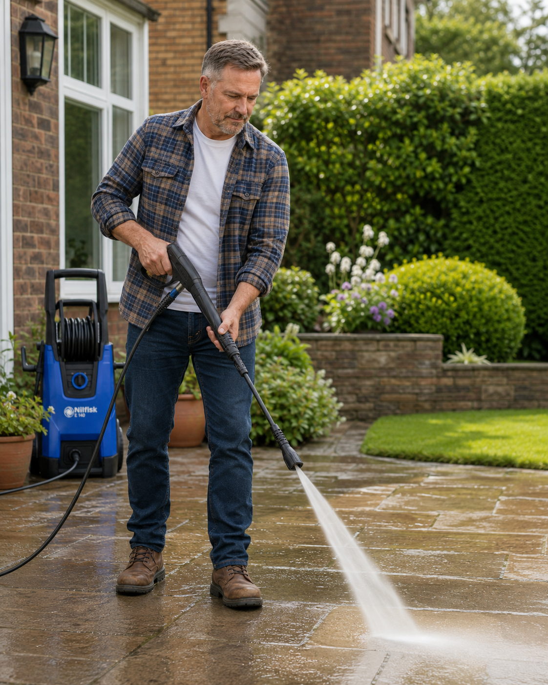 Alfred Harper testing a pressure washer on a bicycle