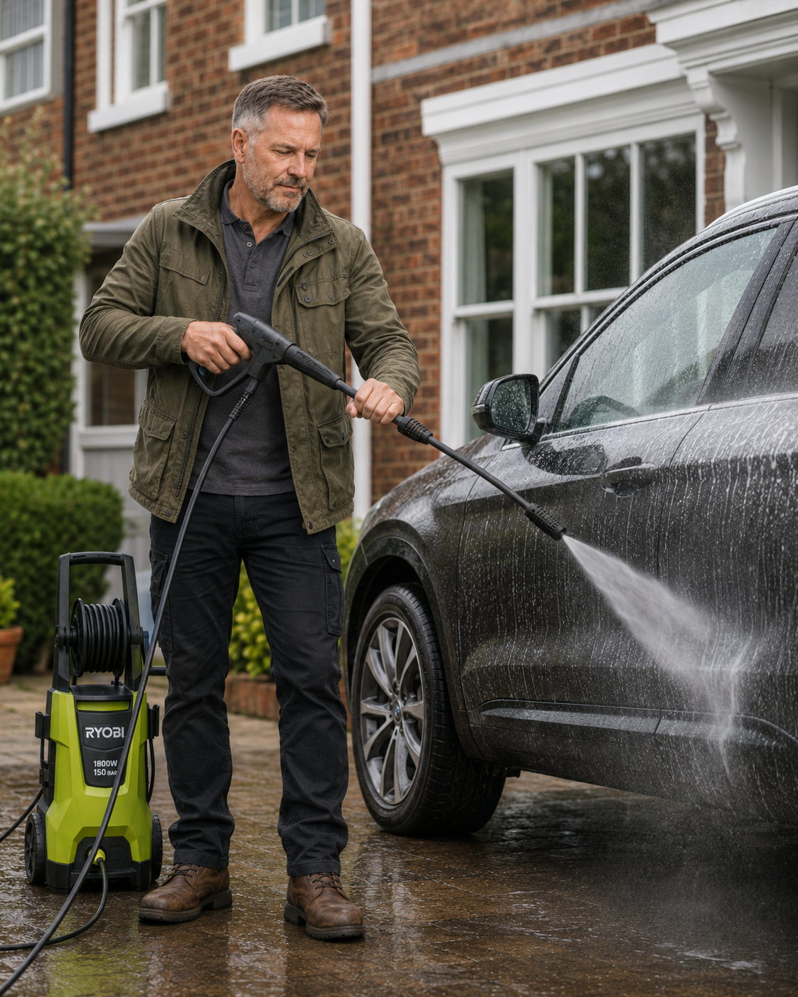 Alfred Harper washing a car with a pressure washer