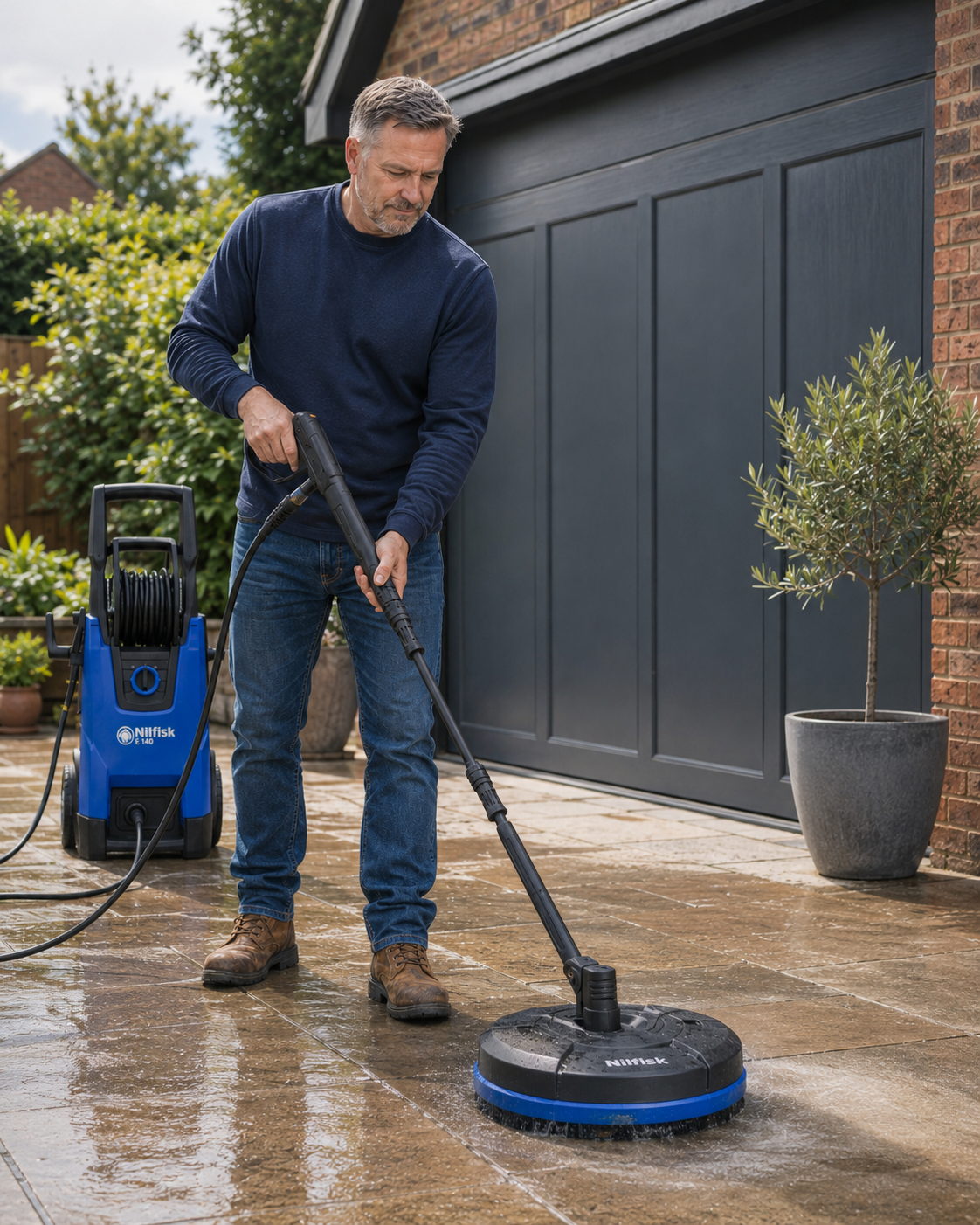Alfred Harper using a surface cleaner attachment with a pressure washer